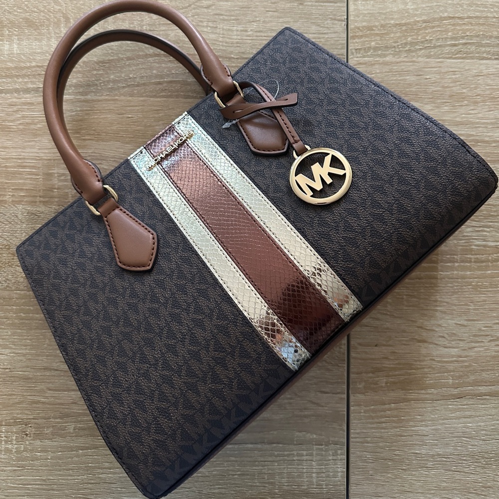 Michael Kors Black and Brown Medium Sheila Satchel Purse with Signature Logo